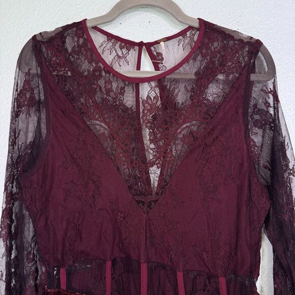 Free People Marlie Lace Dress Womens Medium Velvet Mini Romantic Whisigoth Dark - Picture 4 of 13